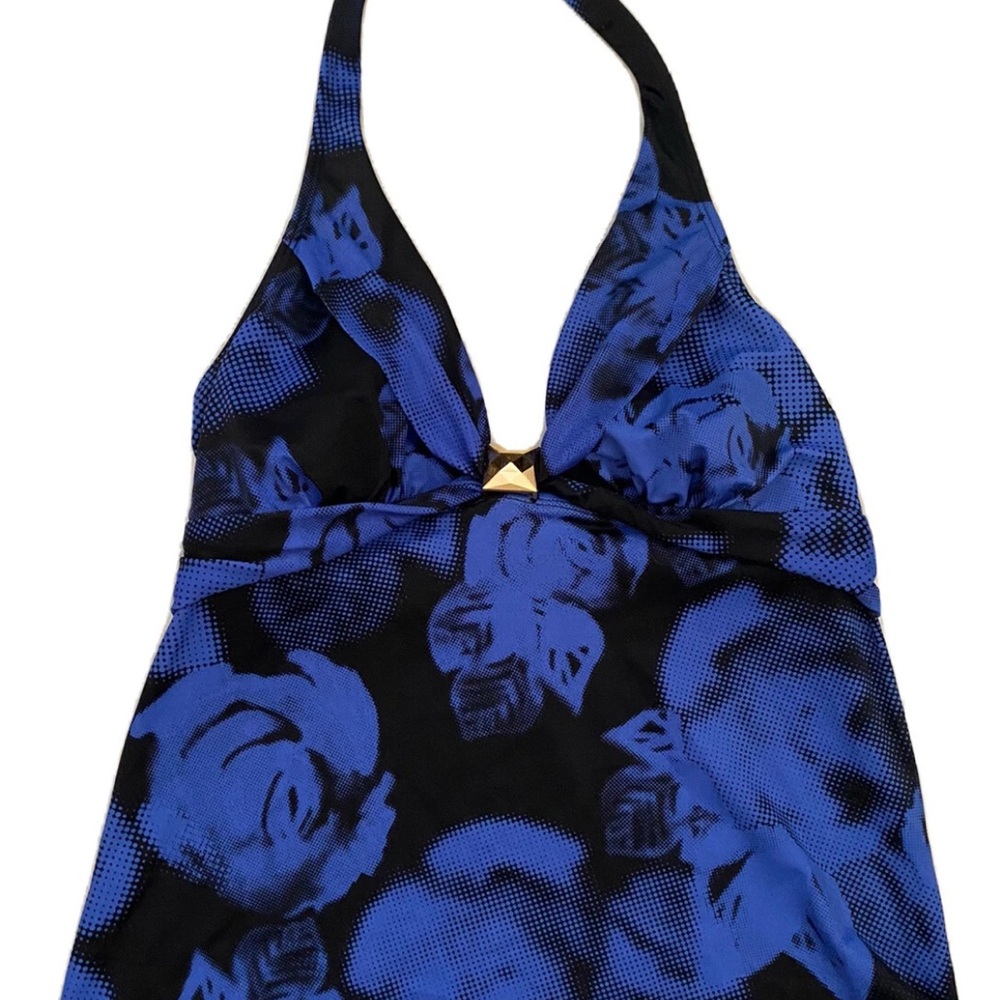 Tropical Escape Blue and Black Halter Tankini with Floral Print